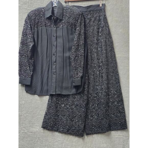 Vintage Y2K FAITH Black Lace Button Up Shirt & Wide Leg Pant Set Beaded Goth Sm. - Picture 1 of 7